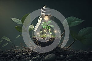 Green plants grows and lightbulb Energy saving, Earth Day Generative AI