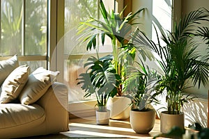 Green plants in living room interior with sofa with pillows