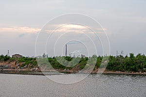 The green plants on the saline alkali land and the water reflect the scenery