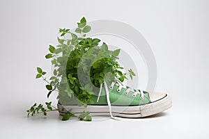 Green plants in a sports shoe, Green energy, eco-friendly living