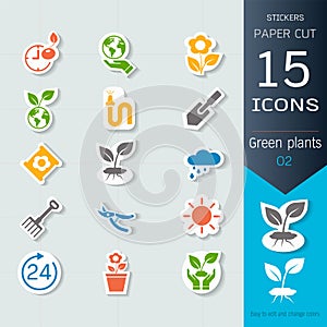 Green plants and sprout growing infographic icons set, Vector Illustrations stickers and paper cut style