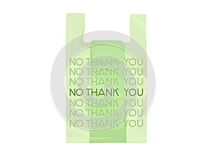 Green plastic bag with NO THANK YOU sign ecology problem disaster flat vector illustration on white background
