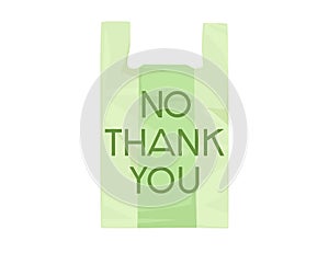 Green plastic bag with NO THANK YOU sign ecology problem disaster flat vector illustration on white background