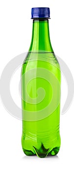 Green plastic bottle with drops isolated on white