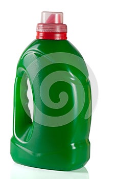 Green plastic bottle isolated on white background for liquid laundry detergent or cleaning agent or fabric softener