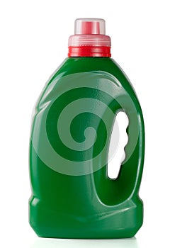 Green plastic bottle isolated on white background for liquid laundry detergent or cleaning agent or fabric softener