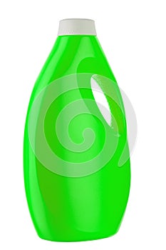 Green plastic bottle for liquid laundry detergent, cleaning agent, bleach or fabric softener isolated on white background