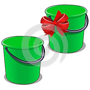 Green plastic bucket with a black handle isolated on white background. Vector cartoon close-up illustration.