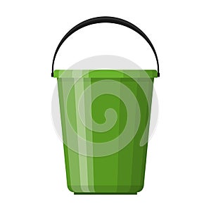 Green plastic bucket with handle in flat design isolated on white background. House cleaning and gardening equipment