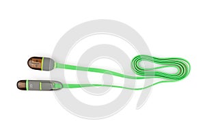 Green plastic cable USB-Lightning on white background. Close up photo
