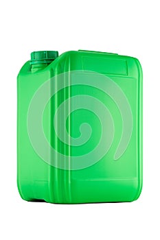 Green plastic canister with lid isolated on a white background. Image from an angle. Jerrycan with liquid substance. Image of