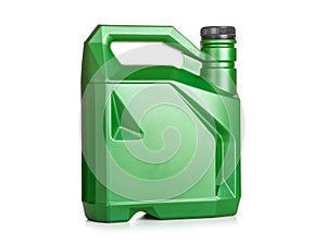 Green plastic canister of motor oil