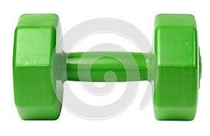 Green plastic dumbbell on a white isolated background, sports equipment