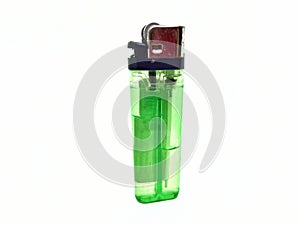 Green plastic gas lighter on white background