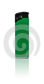 Green plastic gas lighter on white background