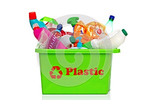 Green plastic recycling bin isolated on white