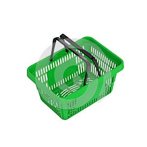 Green plastic shopping basket isolated on white background.Empty shopping cart from supermarket or shop