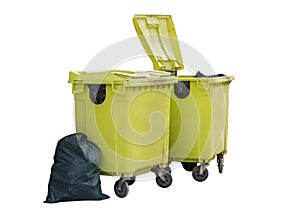 green plastic street trash containers isolated on white background