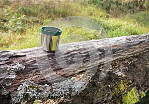 Green plastic thermo stainless steel mug put on a log on sunny day
