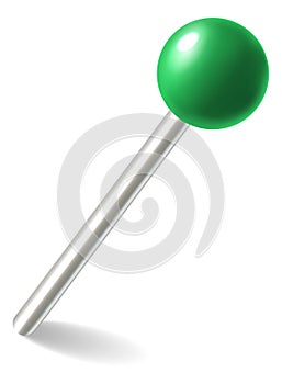Green plastic thumb tack. 3d round realistic pin