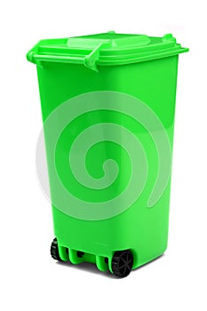 Green Plastic Waste Container Or Wheelie Bin, Isolated On White