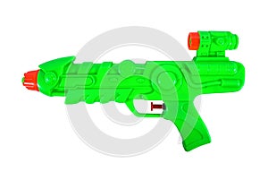 Green plastic water gun isolated on white background