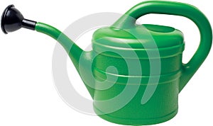 Green plastic watering can on a white background