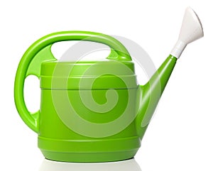 Green plastic watering can on a white background