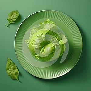Green plate on a green background with green lettuce. View from above. AI generated.