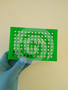 green plate with microtest tubes, PCR analysis, scientific experiment.