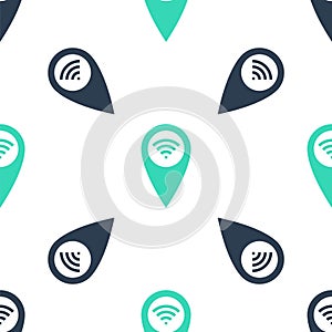 Green Pointer map with wifi internet signal connection icon isolated seamless pattern on white background. Vector