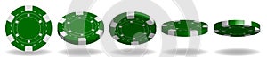 Green poker chips vector. 3D Realistic Set. Flip different angle