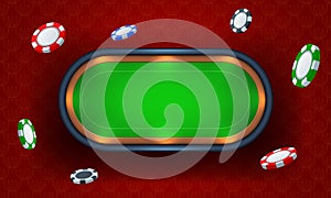 Green poker table with flying chips on red background