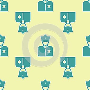 Green Police officer icon isolated seamless pattern on yellow background. Vector