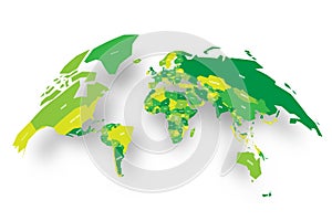 Green political map of World bulging in a shape of globe. 3D vector illustration map with dropped shadow