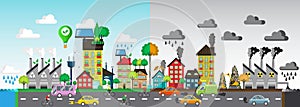 Green and polluted city. For diagram, web design, brochure, template, layout, banner vector