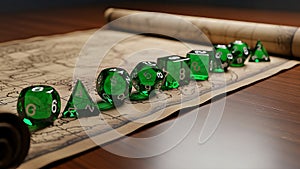 Green Polyhedral Dice on Ancient Map