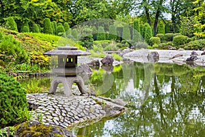 Green pond in Japanese garden