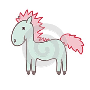 Green pony with a pink mane. Children`s illustration. Vector pat