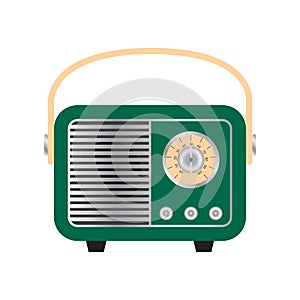 Green portable retro radio receiver in vintage style. Vector illustration