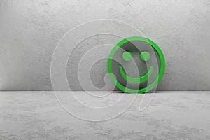 green positiv smiley in a white concrete room