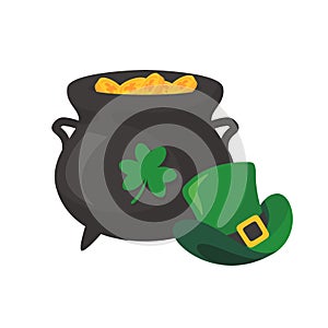 The green pot is full of gold coins. with good luck clover on st patrick festival