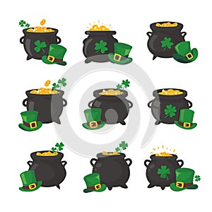 The green pot is full of gold coins. with good luck clover on st patrick festival