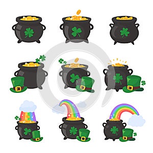 The green pot is full of gold coins. with good luck clover on st patrick festival