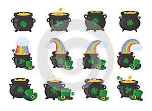 The green pot is full of gold coins. with good luck clover on st patrick festival