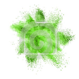 Green powder explosion in a frame on a white background.