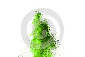 Green powder explosion on white background.