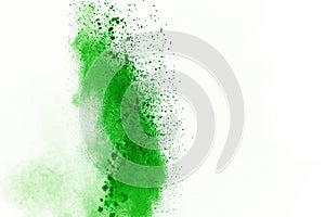 Green powder explosion on white background. Colored cloud. Color