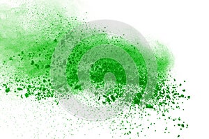 Green powder explosion on white background. Colored cloud. Color dust explode. Paint Holi.