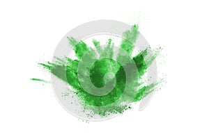 Green powder explosion on white background.